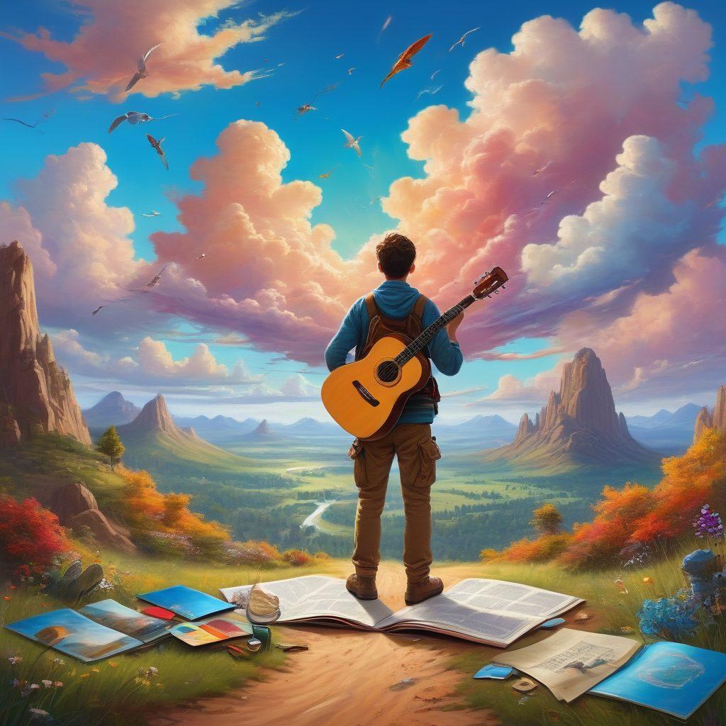 A curious person standing at a crossroads surrounded by various hobby-related symbols: a paintbrush, a guitar, hiking gear, and a book. The path diverges into vibrant, enchanted landscapes, each representing a different hobby. Bright colors and playful clouds in the sky symbolize creativity and adventure. The person has a contemplative expression, showcasing excitement and uncertainty. super-realistic. vibrant colors. whimsical style.