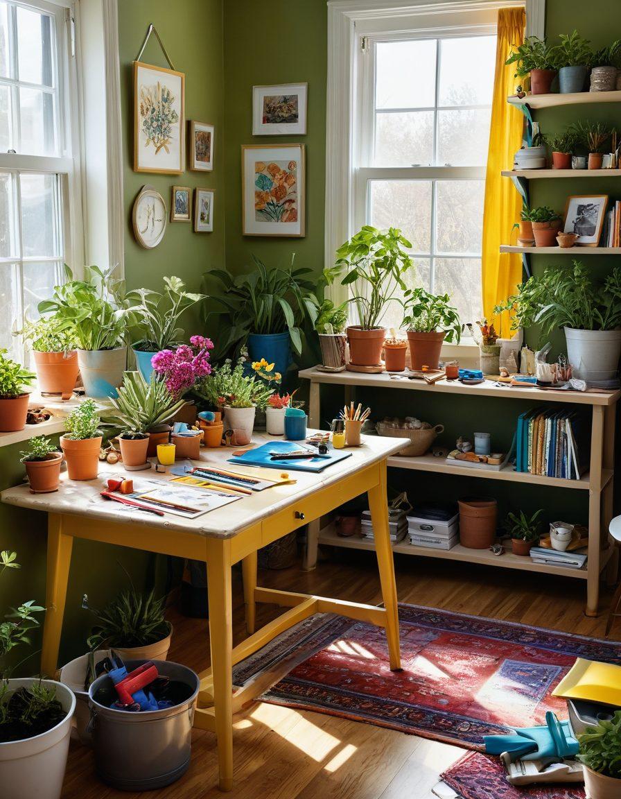 A whimsical scene featuring a colorful, eclectic table filled with various casual hobbies like painting, gardening, and crafting. Each hobby is represented with vibrant tools and materials, surrounded by a joyful array of plants and art supplies. A person of diverse background is joyfully experimenting with a new interest, showcasing a sense of curiosity and exploration. The background is a sunlit room filled with splashes of color, reflecting a warm, inviting atmosphere. bright and cheerful. vibrant colors. super-realistic.