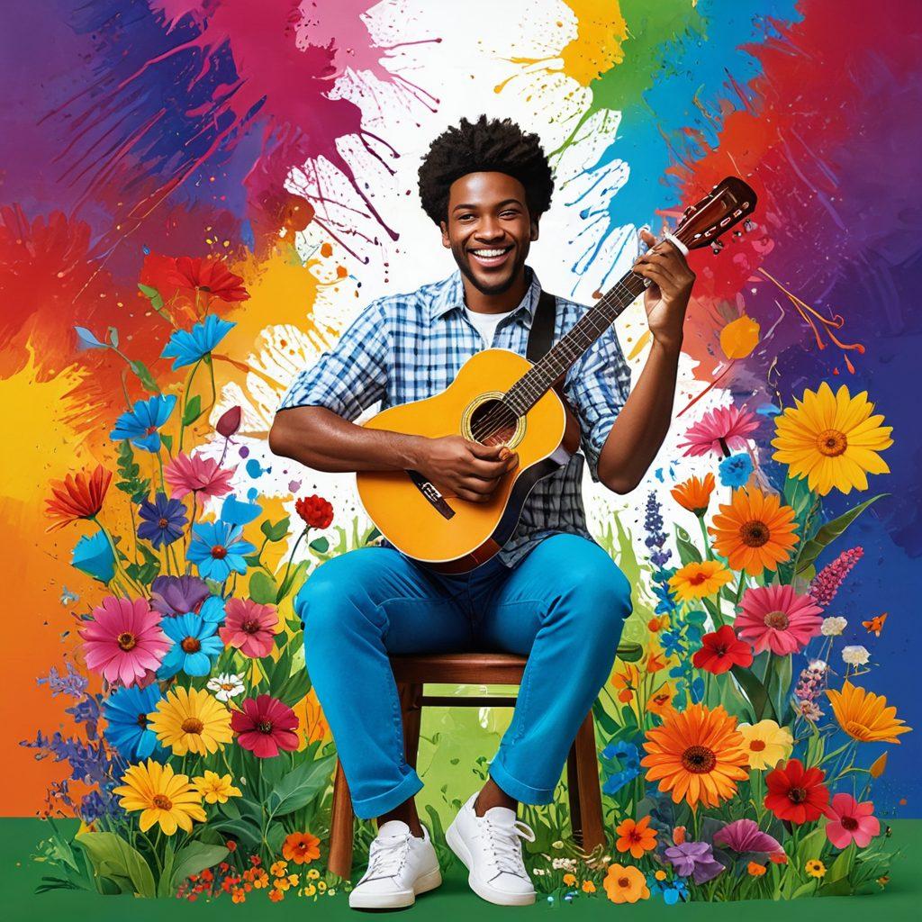 A collage of diverse hobbies such as painting, gardening, and playing musical instruments in a vibrant setting. Incorporate a joyful person experimenting with each hobby, emphasizing growth and exploration. Include elements like colorful paint splashes and blooming flowers to convey enthusiasm. The background is bright and inviting, symbolizing an open path to discovery. vibrant colors. 3D.
